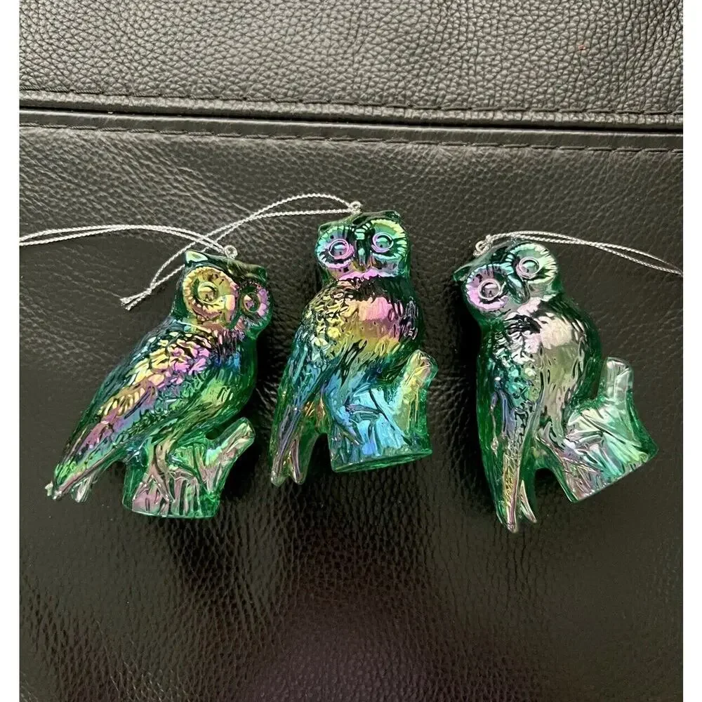 Set of 3 Iridescent Carnival Glass-Like Lucite Owl Christmas Ornaments